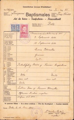 Act de botez, 1943, Deta, județul Timiș