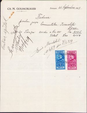 Factură cu antet comerciant evreu Goldschlager, Botoșani, hârtie cu filigran Socec, 1929