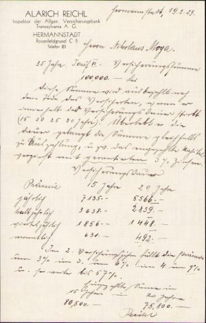 Scrisoare cu antet inspector Asigurări Transsylvania, 1929, Sibiu