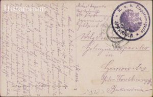 Carte poștală austro-ungară, 1916, Feldpost 143 și ștampilă k.u.k. Etappenmagazin Zarwanica, circulată Cernăuți, Primul Război Mondial
