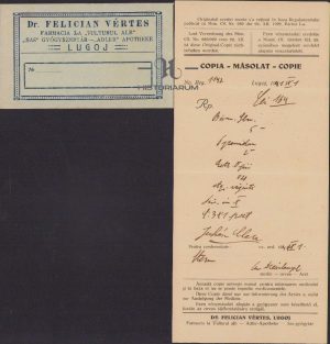 Plic și rețetă Farmacia "La Vulturul Alb" Lugoj, 1941