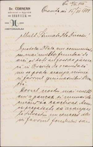 Scrisoare, manu propria, expediată de la Oravița la 15 decembrie 1908 de avocatul Petru Cornean către Pavel Oprișa la Brad, județul Hunedoara, privitor la sprijinirea acțiunilor de colectare de fonduri pentru construirea liceului ortodox român din Brad