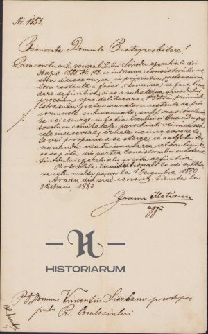 Scrisoare semnata olograf a episcopului (ulterior mitropolit al Transilvaniei și Ungariei) Ioan Mețianu în cauza foii „Lumina” către protopopul Vincențiu Șerban din Banat-Comloș