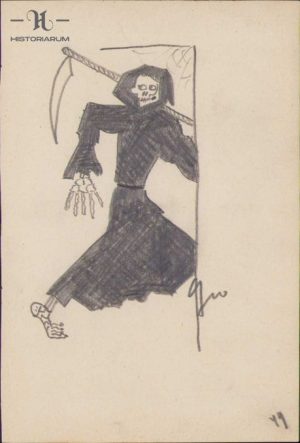 Caricatura Moartea cu coasa, anii 1930, Geo Dumitrescu, semnată