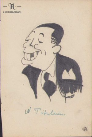 Caricatură Nicolae Titulescu, anii 1930, Geo Dumitrescu, semnată