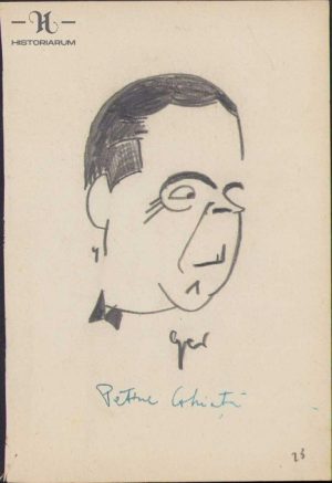 Caricatură Petre Ghiață, anii 1930, Geo Dumitrescu, semnată