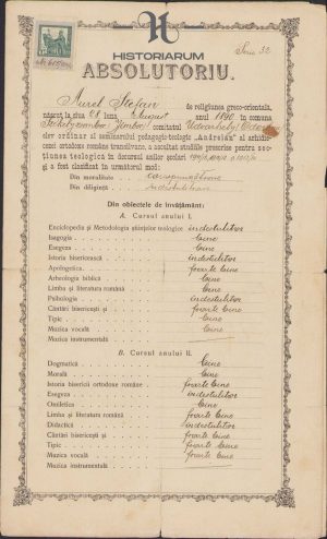 Absolutoriu emis de Seminarul Andreian de la Sibiu în anul 1914. Îl semnează manu propria personalități de prim rang din rândul intelighenției și clerului românesc din Transilvania.