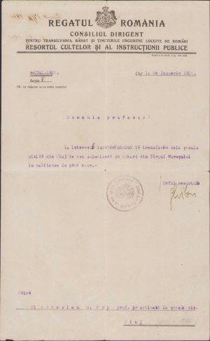 Semnătura olografă a lui Onisifor Ghibu pe un act de transfer al profesorului Octavian Pop de la școala civilă din Cluj la Școala superioară de comerț din Târgu Mureș, 1920, cu antetul Consiliului Dirigent pentru Transilvania, Bănat și ținuturile ungurene locuite de români