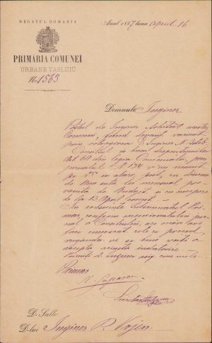 Numire în funcția de inginer al orașului Vaslui semnată olograf de primarul Neron Lupașcu, 1887
