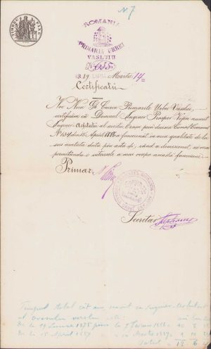 Certificat profesional pentru arhitectul-șef al orașului Vaslui semnat olograf de primarul Ciurea, 1889