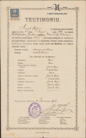 Testimoniu scolastic emis de Seminarul Andreian din Sibiu, semnat manu propria de directorul Seminarului, Eusebiu R. Roșca, 1914