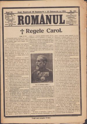 Românul, Arad, 28 septembrie/11 octombrie 1914, relatând despre moartea Regelui Carol I al României