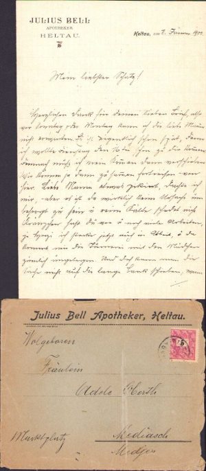 Scrisoare a farmacistului Iulius Bell din Cisnădie către Adele Oberth la Mediaș, 1900