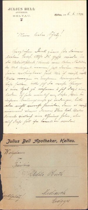 Scrisoare a farmacistului Iulius Bell din Cisnădie către Adele Oberth la Mediaș, 1899