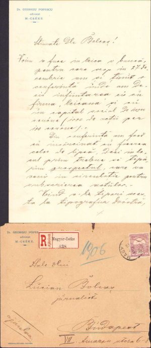 Plic și scrisoare olografă a avocatului George Popescu, cu antetul cabinetului său de avocat, Ceica, județul Bihor, 1906, către militantul Lucian Bolcaș, privitor la înființarea Băncii “Ceicana”