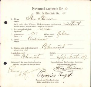 Bilet de identitate, Personal Ausweis, emis de autoritățile germane de ocupație a României în Primul Război Mondial pentru un locuitor român din Bilciurești, Dâmbovița, 1917