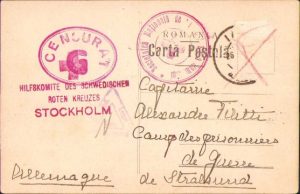 Carte poștală primită de căpitan Alexandru Filitti în lagărul de prizonieri de război de la Sopronnyék, 1917, expediată de la Iași de la sotia sa, Adriana Eugenia, nascuta Arghiropol