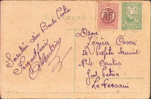 Carte poștală expediată de un sergent furier român la Focșani din Budapesta ocupată de trupele române, 1919, ștampile oarbe, timbre românești