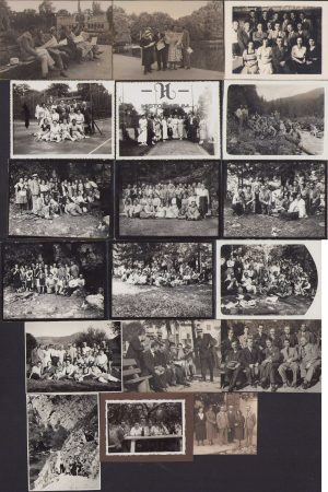 Lot de 18 fotografii cu directorul poștei din Oradea, Căpușan Iuliu, alături de angajați și alți directori ai poștei din Cluj, Oradea sau alte locuri din țară, perioada interbelică.