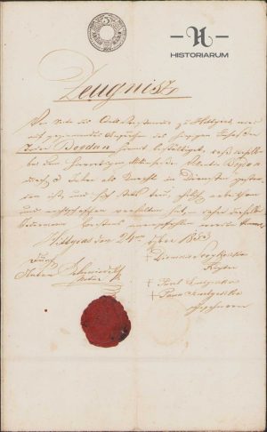 Certificat în limba germană eliberat în satul Hitiaș, azi în județul Timiș, de notarul localității în anul 1853. Documentul are aplicat în ceară roșie sigiliul localității Hitiaș, model 1832