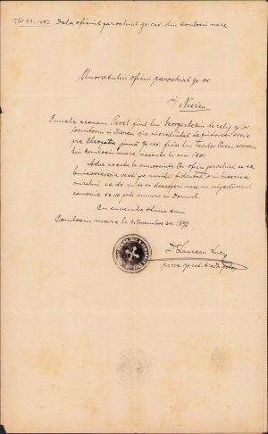 Licență greco-catolică de căsătorie, 1897, Comloșu Mare, județul Timiș, scrisă și semnată manu propria de Laurean Luca, protopop al Aradului