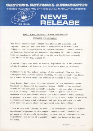 Centrul Național Aeronautic, 1982, comunicat de presă anunțând primul zbor (cu durata de 28 minute) realizat cu succes al primului aparat ROMBAC 1-11 fabricat în România, la data de 18 septembrie 1982