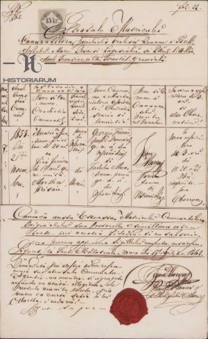 Extras din matricula cununaților, 1862, Sânnicolau Mare, azi în județul Timiș, cu sigiliu în ceară roșie cu inscripția "Sigilul basérecei gr. cat. a Sz. Mikleusului", "1846" și stema