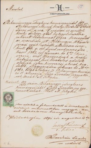Copie de epocă, 1871, după un act din 1862 al lui Teodor Pop, semnată de primpretorul comitatului Zarand, Constantin Taloș