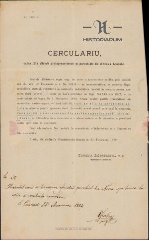 Circulară a episcopului Aradului (viitor mitropolit) Ioan Mețianu, 1882, Arad, privitoare la căsătoria militarilor, care nu au voie să se căsătorească fără aprobarea superiorului dacă sunt în serviciu activ