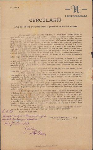 Circulară a episcopului Aradului (viitor mitropolit) Ioan Mețianu, 1884, Arad, privitoare la scrierea cu grijă a matricolelor bisericești