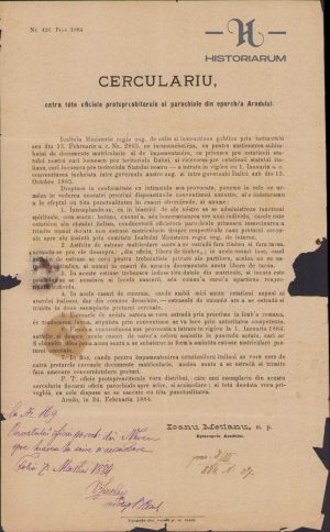Circulară a episcopului Aradului (viitor mitropolit) Ioan Mețianu, 1884, Arad, privitoare la supușii italieni aflați pe teritoriul Austro-Ungariei