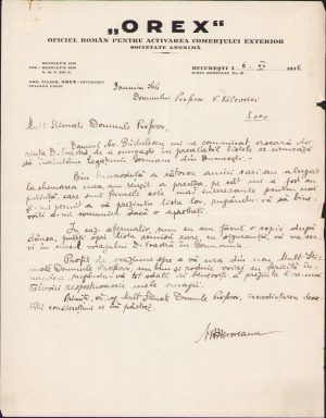 Scrisoare adresată lui Victor Vâlcovici aflat la conducerea firmei "Orex", Oficiul Român pentru Activarea Comerțului Exterior Societate Anonimă, 1937