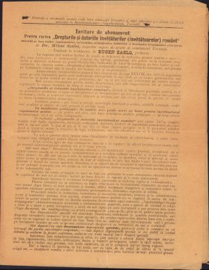Invitare de abonament pentru cartea ''Drepturile și datoriile învețatorilor (învețătoarelor) români', anii 1890, comitatul Târnava