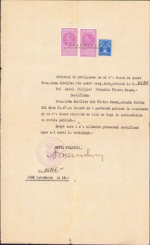 Certificat, 1934, poliția Piatra Neamț