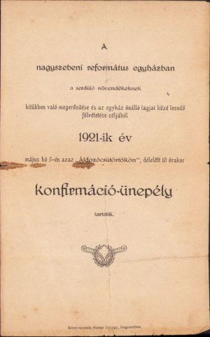 Program ceremonial confirmare religioasă Biserica Reformată Sibiu, 1921