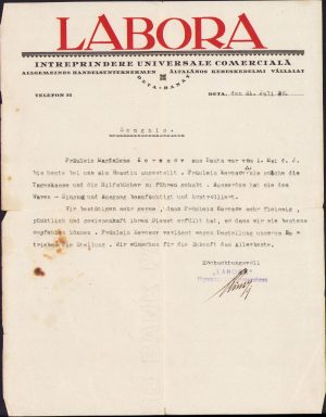 Act cu antet "Labora" Întreprindere universale comercială, Deta, județul Timiș 1926