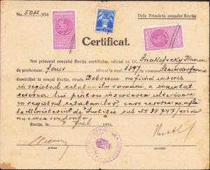 Certificat privitor la cetățenia română, 1934, Reșița