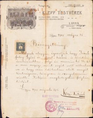 Adeverință de băiat de prăvălie pe hârtie cu antetul firmei Klepp Testvérek, 1905, Lipova