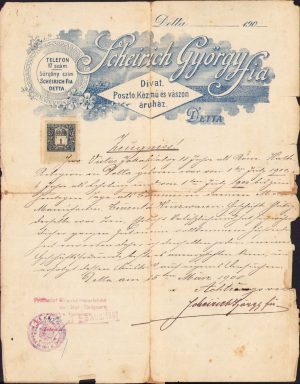 Adeverință de băiat de prăvălie pe hârtie cu antetul firmei Scheirich György, 1905, Deta