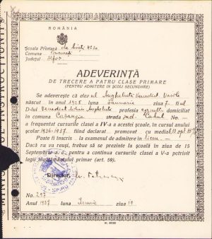 Atestat de absolvire 4 clase primare, București, școala nr. 30, 1937