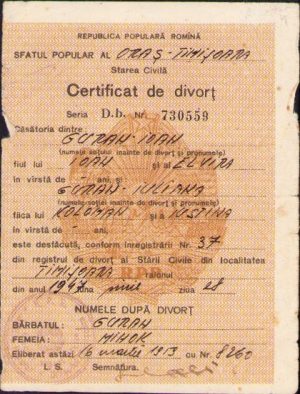 Certificat de divorț, 1947, Timișoara