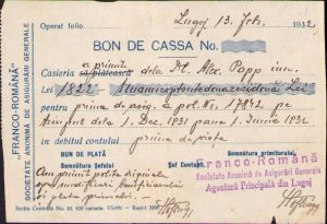 Bon de cassa, 1932, cu antet Societatea de asigurări generale Franco-Română, Lugoj