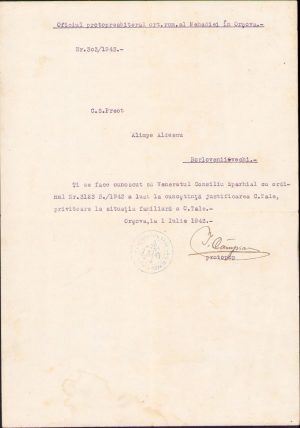 Act semnat olograf de protopopul ortodox român Iosif Câmpianu, Orșova, 1943