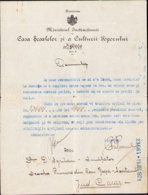 Premiu pentru învățător Dimitrie Zgribea din Bocșa Montană pentru înființarea corului școlar, premiu din partea Casei Școalelor, 1928