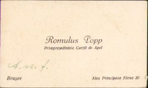 Carte de vizită Romulus (Romul) Popp, primpreședintele Curții de Apel Brașov, perioada interbelică
