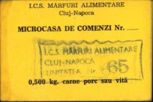 Cotor cu 84 bonuri 0,5 kg carne Microcasa de comenzi Cluj, perioada comunistă