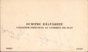 Carte de vizită interbelică colector principal Loteria de Stat Cluj