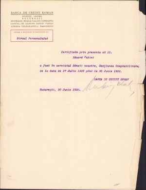 Adeverință cu antet Banca de Credit Român, 1922