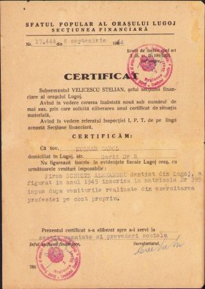 Certificat fiscal firmă dentist, 1964, Lugoj