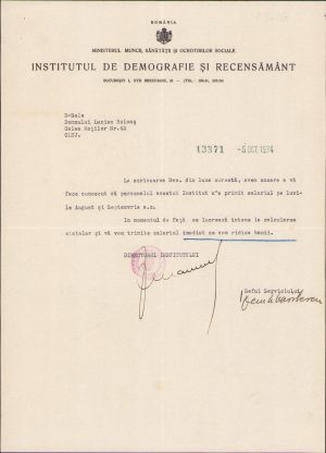 Semnătură olografă Sabin Manuilă, notă către Lucian Bolcaș, 1934, antet Institutul de Demografie și Recensământ